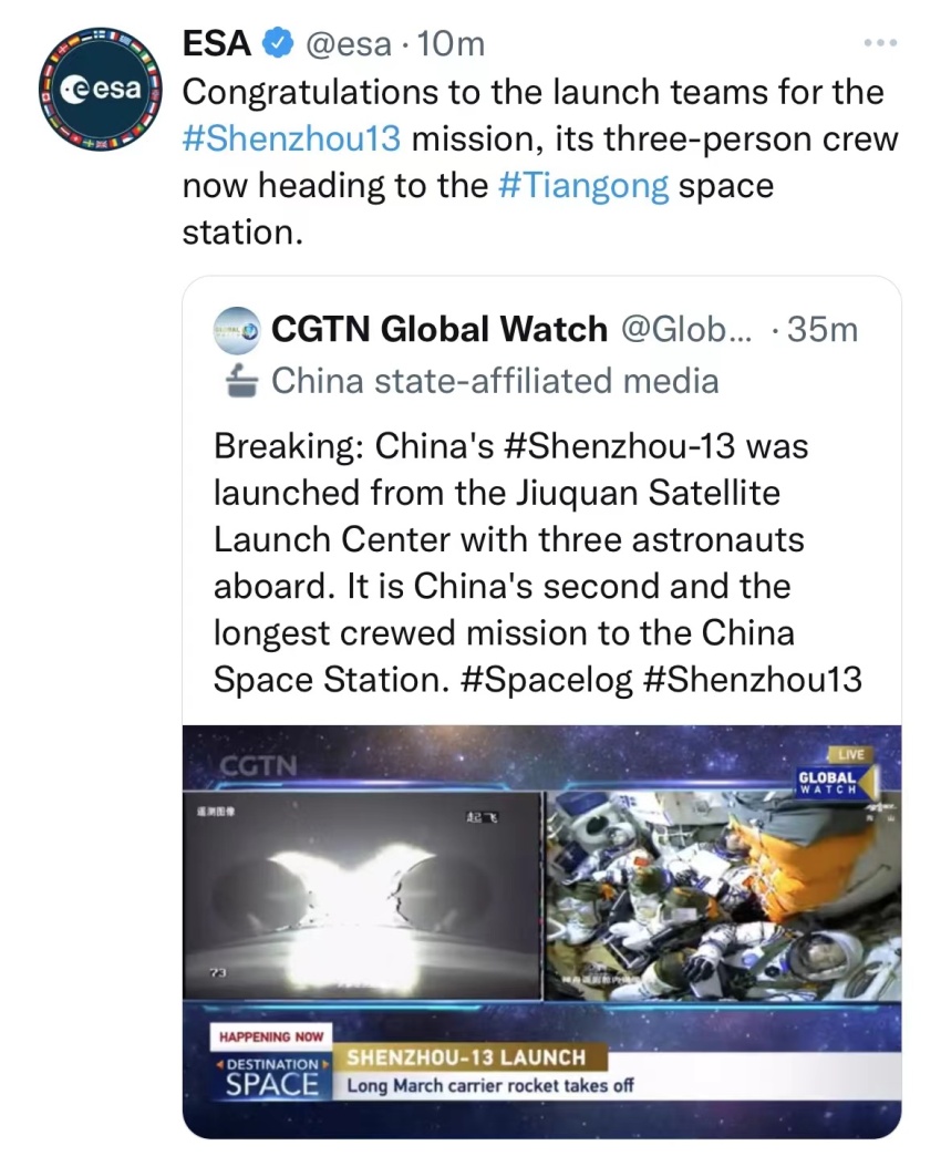 ESA Ucapkan Selamat atas Kesuksedan Peluncuran Shenzhou 13